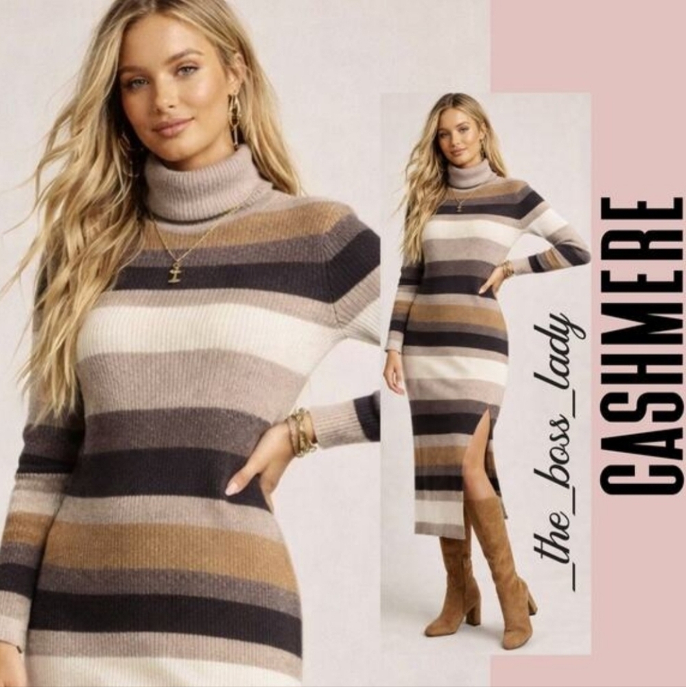 CHARTER CLUB Luxury Brown Biege Striped Cashmere Turtleneck Sweater Dress Size L